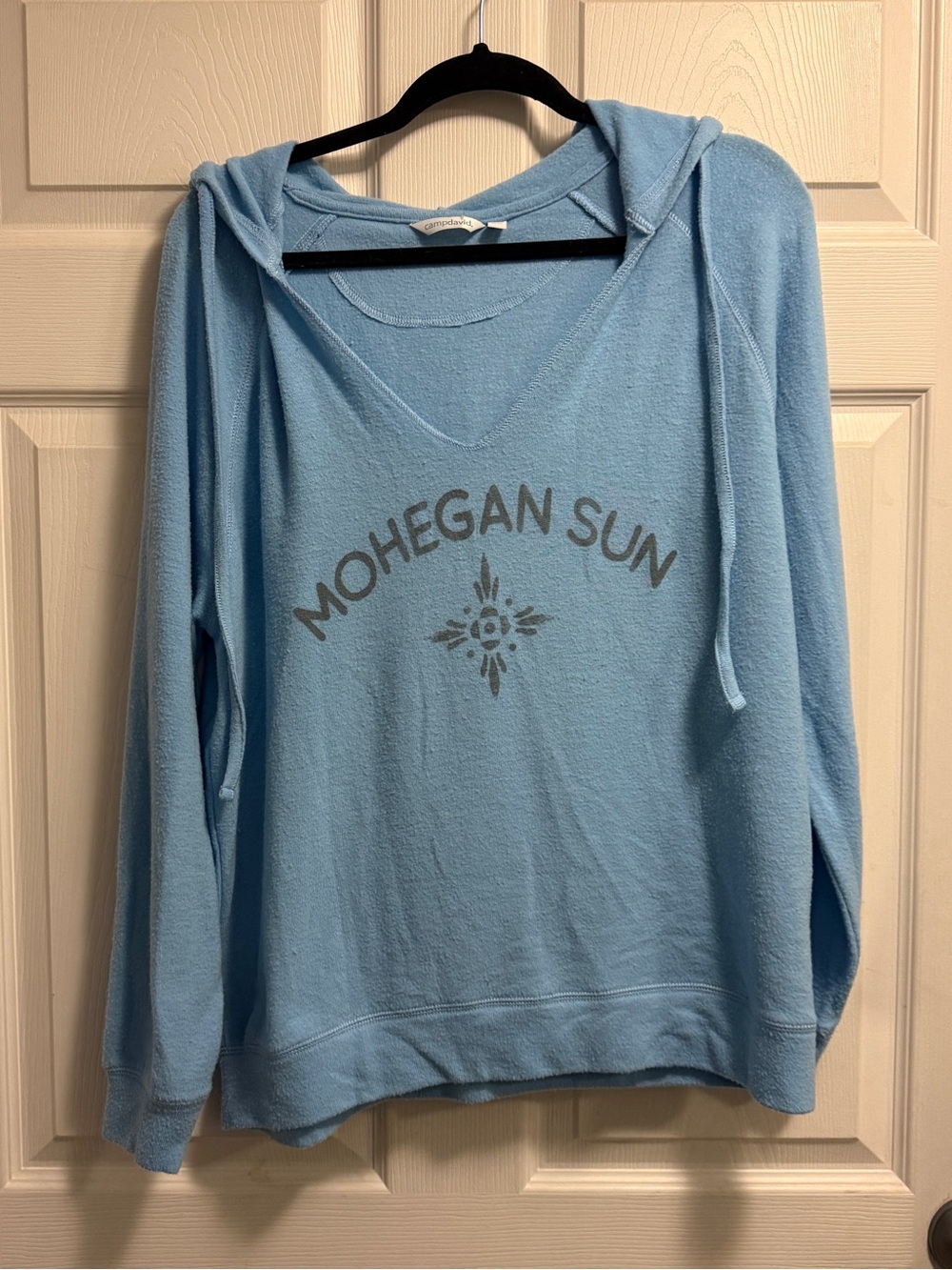 Mohegan Sun Women's Light Blue V-Neck Hooded Sweater